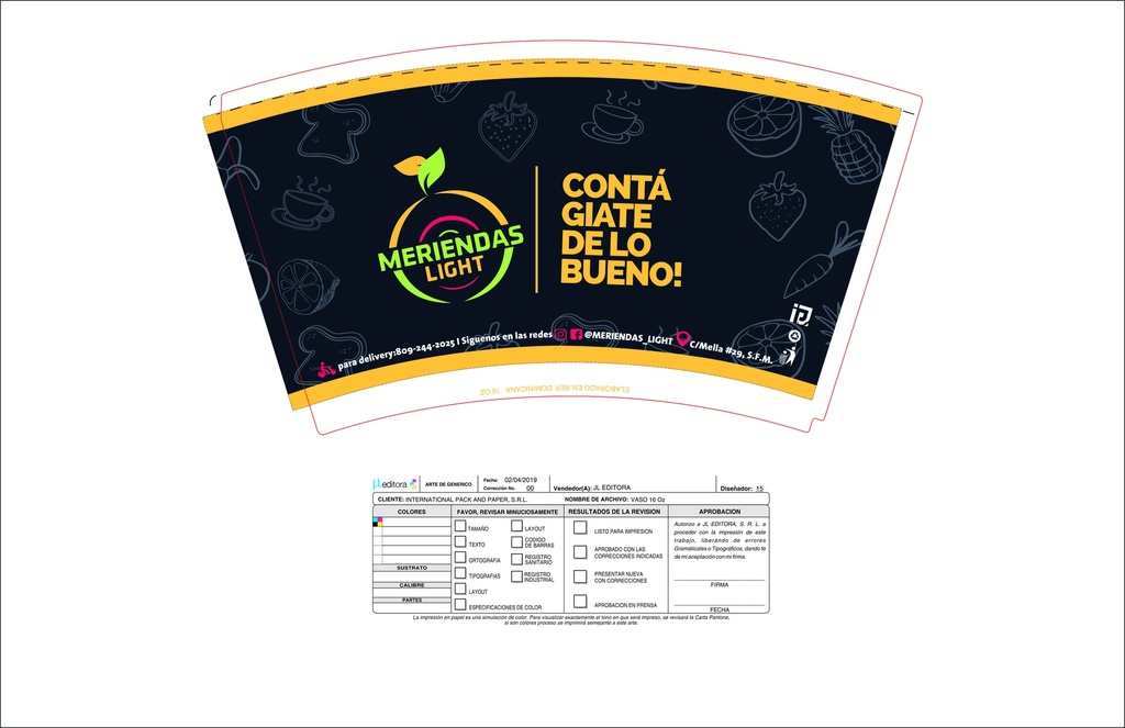 Vaso Bebida Fria 16oz Personalizado Merienda Light